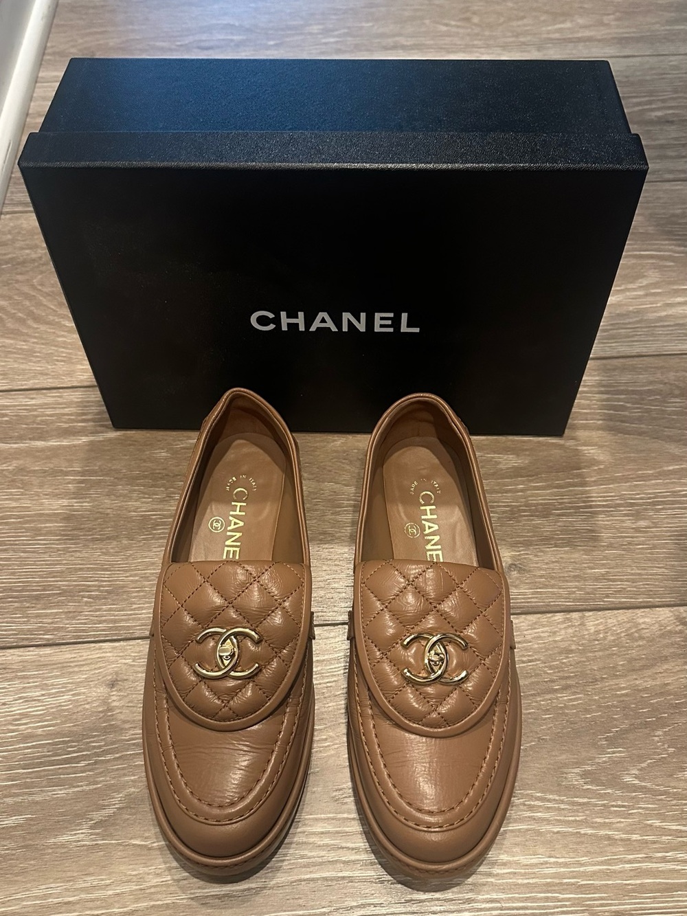 CHANEL Quilted CC Logo Leather Loafers in Tan Brown - Picture 2 of 5